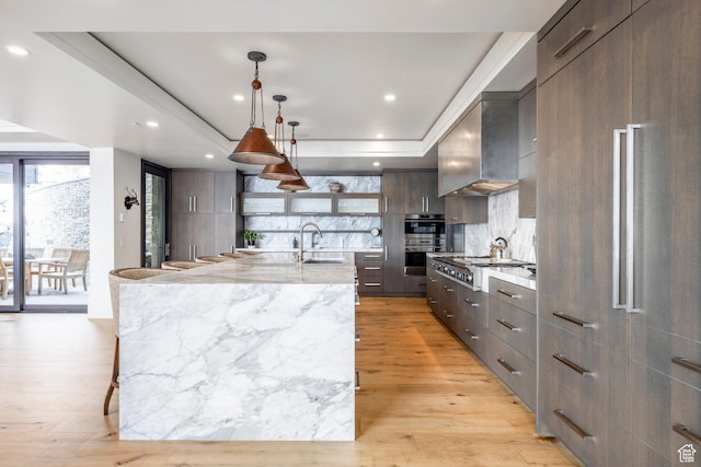 2848 W Deer Pointe Dr, Park City, UT 84060 - kitchen featuring modern cabinets, a tray ceiling, a sink, open shelves, and decorative backsplash