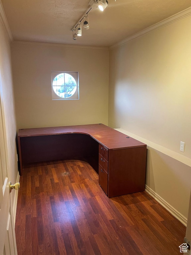 913 S 1320 E, Pleasant Grove, UT 84062 - unfurnished office with crown molding, dark hardwood / wood-style floors, rail lighting, and a textured ceiling