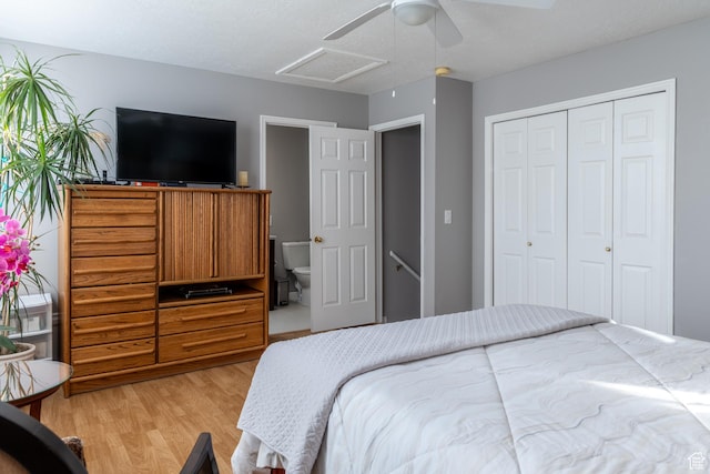 1158 E 650 N, Ogden, UT 84404 - bedroom with attic access, light wood-style floors, a closet, and a ceiling fan