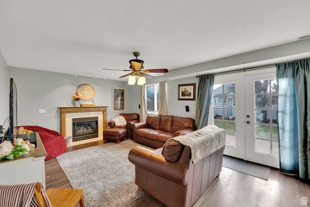 538 E 1200 S, Kaysville, UT 84037 - living room featuring wood-type flooring, track lighting, french doors, and ceiling fan