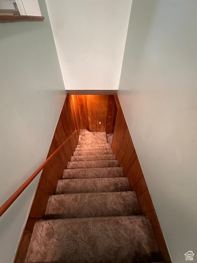 staircase with wood walls