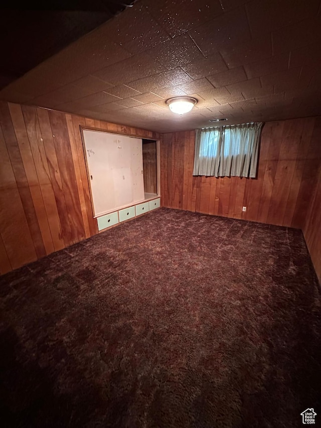 interior space featuring wood walls and carpet