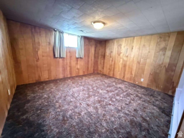 basement with carpet floors and wood walls