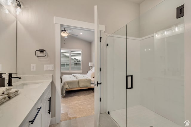 3527 W Haven Aire, South Jordan, UT 84095 - ensuite bathroom with tile patterned flooring, vanity, a stall shower, a ceiling fan, and lofted ceiling