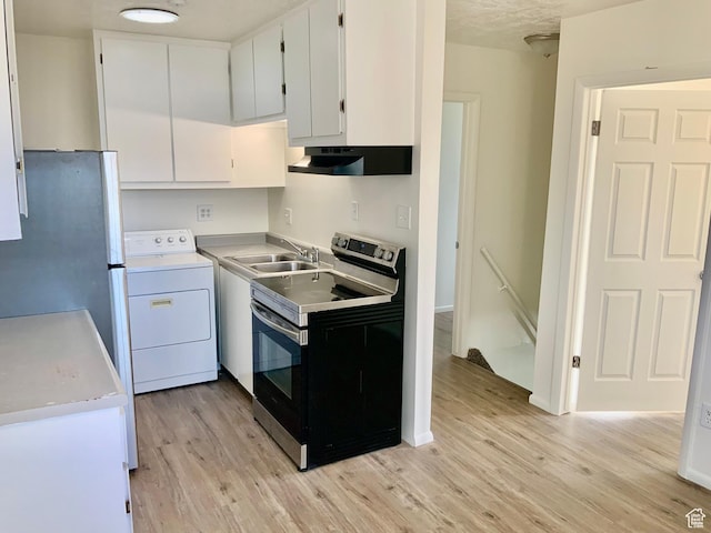 250 W 700 S, Richfield, UT 84701 - kitchen with white cabinets, washer / dryer, sink, light hardwood / wood-style flooring, and stainless steel electric range