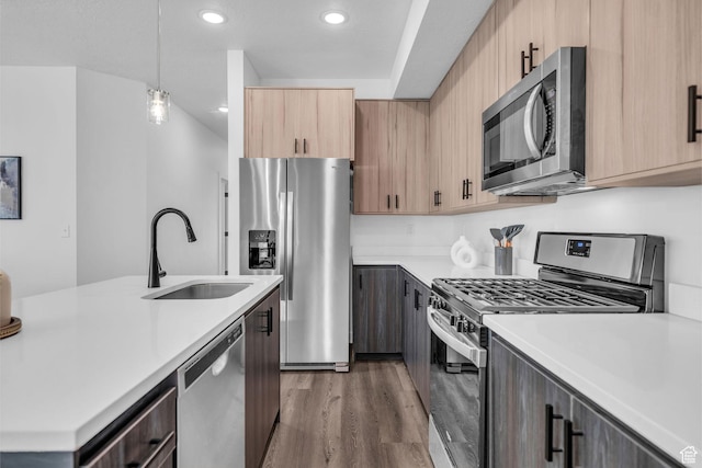 1218 Sawmill Blvd Unit 104, Heber City, UT 84032 - kitchen featuring sink, light brown cabinets, stainless steel appliances, hardwood / wood-style floors, and decorative light fixtures