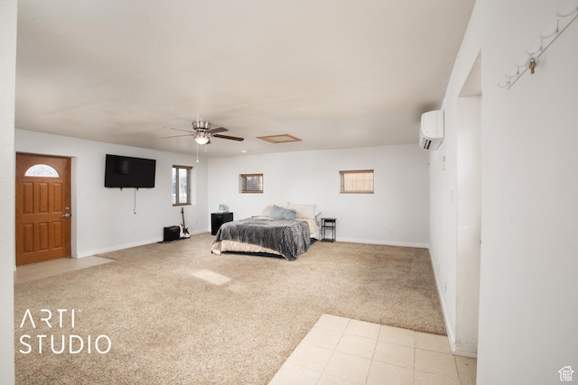 carpeted bedroom featuring ceiling fan and an AC wall unit