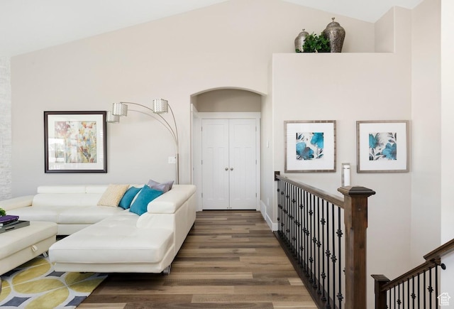 living room featuring dark hardwood / wood-style flooring and high vaulted ceiling