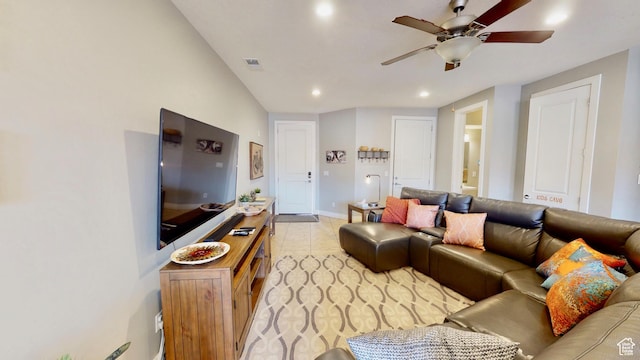 668 W 0470 N, Moab, UT 84532 - living room featuring ceiling fan, light tile patterned floors, and vaulted ceiling