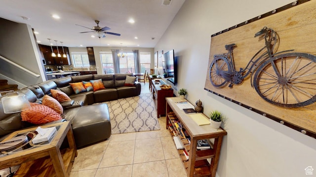 668 W 0470 N, Moab, UT 84532 - living room with ceiling fan, light tile patterned flooring, and lofted ceiling