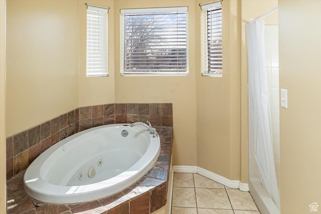 bathroom with tile patterned floors and plus walk in shower