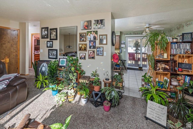 miscellaneous room with ceiling fan, light carpet, and a textured ceiling
