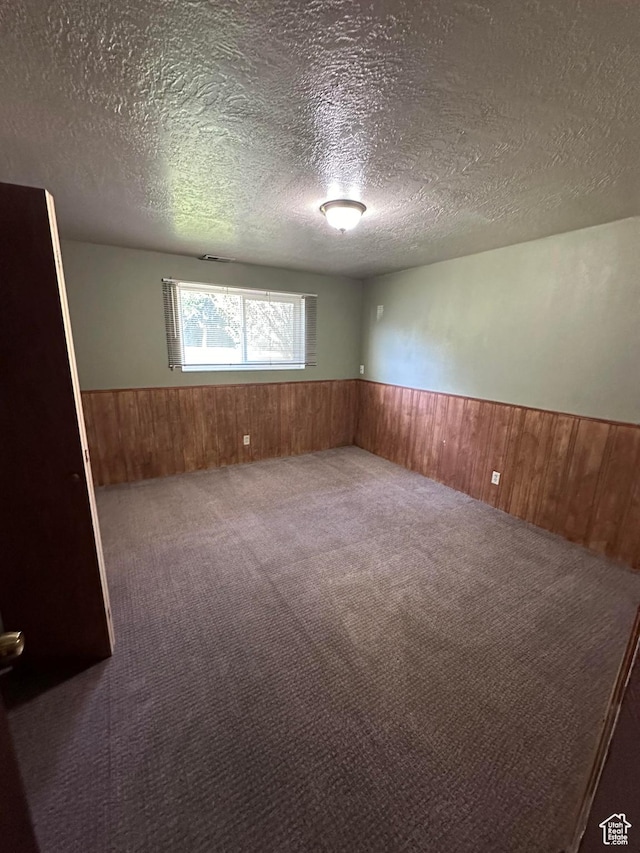 carpeted spare room with a textured ceiling and wood walls