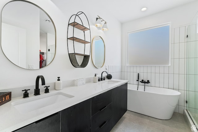 1823 W 180 N Street N, Hurricane, UT 84737 - bathroom featuring vanity, baseboard heating, plus walk in shower, tile walls, and tile patterned flooring