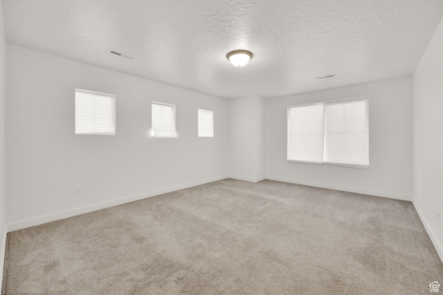 carpeted empty room with plenty of natural light and a textured ceiling