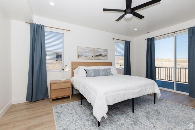 470 Lotus Dr Unit 149, Fish Haven, ID 83287 - bedroom with access to exterior, light wood-style flooring, baseboards, recessed lighting, and ceiling fan