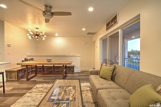 55 W Buttercup Ln Unit 33, Garden City, UT 84028 - living room featuring dark hardwood / wood-style flooring and ceiling fan with notable chandelier