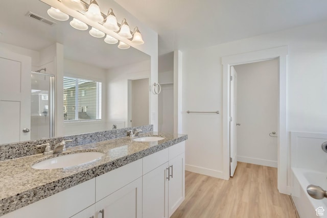 bathroom with plus walk in shower, wood-type flooring, and vanity