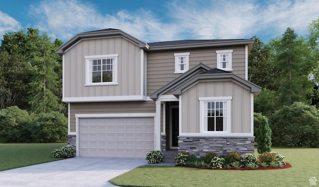 craftsman inspired home featuring a garage and a front lawn