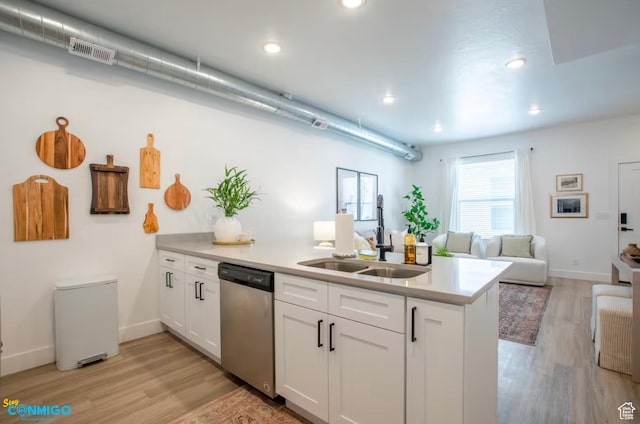909 W Euclid Ave Unit 4, Salt Lake City, UT 84104 - kitchen with kitchen peninsula, stainless steel dishwasher, sink, light hardwood / wood-style floors, and white cabinetry