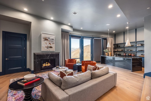 1515 E Bluff Point Dr, Draper, UT 84020 - living room featuring a mountain view, light hardwood / wood-style flooring, a fireplace, and sink