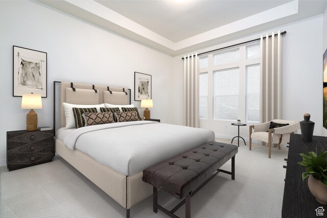 bedroom with carpet floors and a raised ceiling