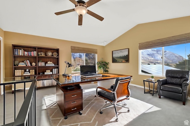 967 E 2800 N, North Ogden, UT 84414 - office area with baseboards, lofted ceiling, ceiling fan, and light carpet
