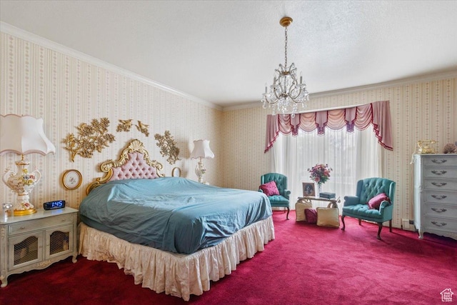 carpeted bedroom featuring an inviting chandelier and crown molding