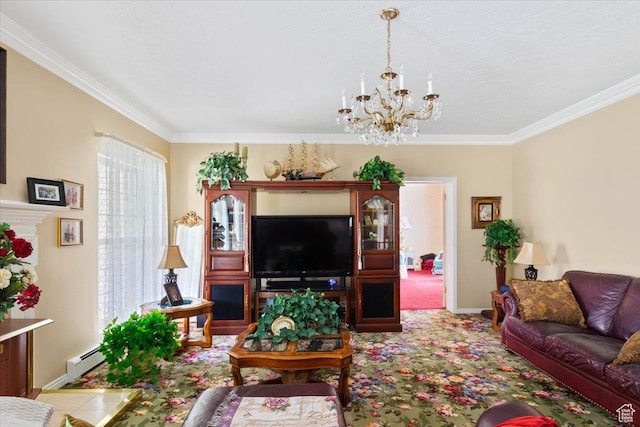 living room with carpet flooring, a baseboard heating unit, crown molding, and an inviting chandelier