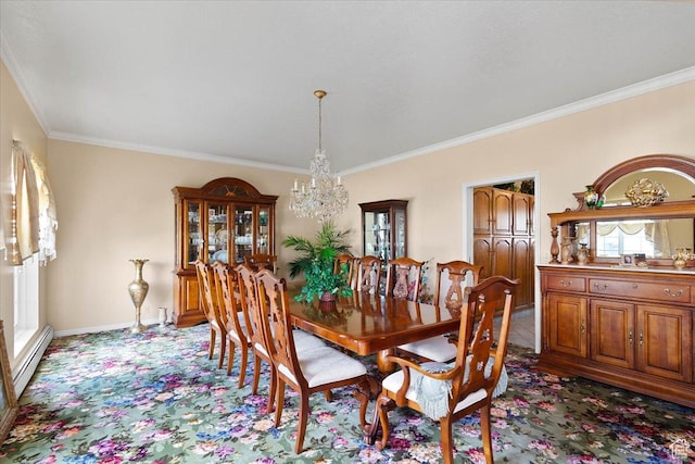 carpeted dining room featuring baseboard heating, crown molding, and a notable chandelier