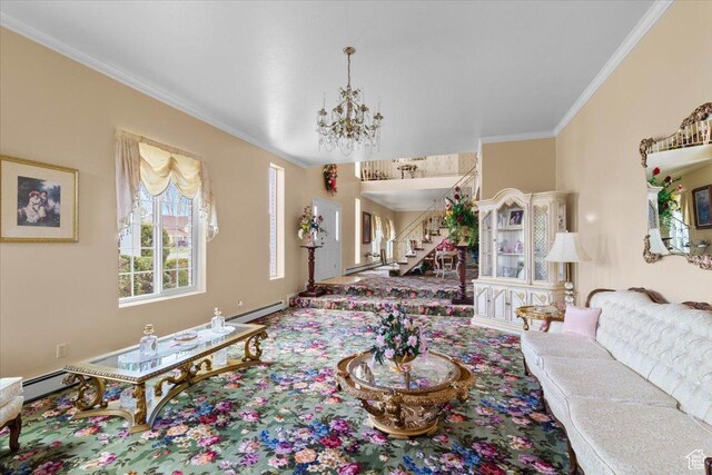 living room featuring baseboard heating, crown molding, and an inviting chandelier