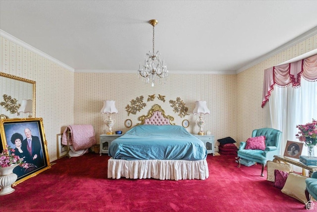 bedroom featuring carpet floors, crown molding, and an inviting chandelier