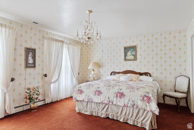 bedroom featuring carpet flooring, a notable chandelier, and a baseboard heating unit