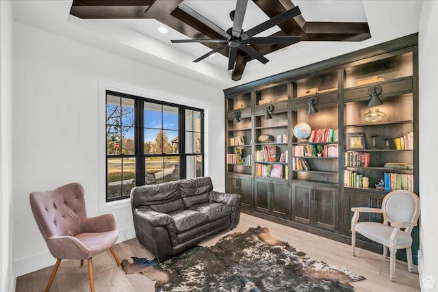 4009 S 2420 E, St George, UT 84790 - living area featuring coffered ceiling, wood finished floors, recessed lighting, a ceiling fan, and beam ceiling