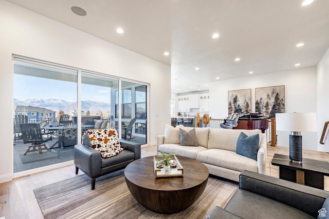 living room featuring a mountain view and light wood-type flooring