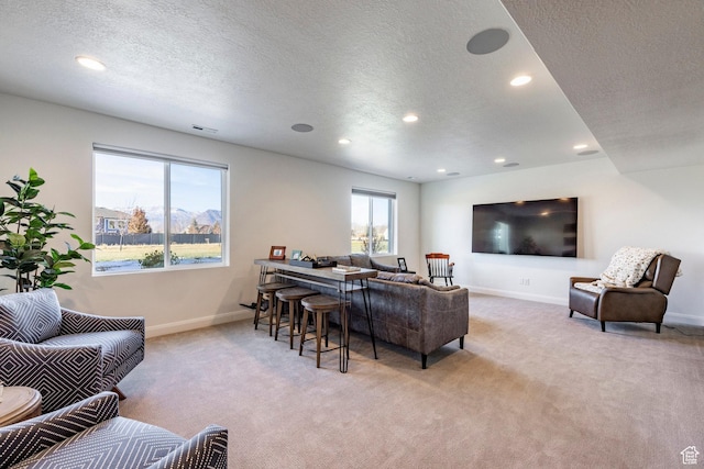 living room with light carpet and a textured ceiling