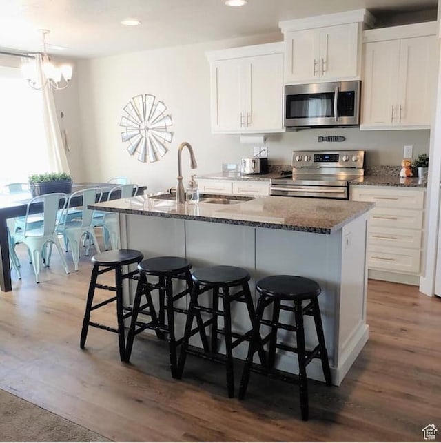 276 W Seasons Ln, Garden City, UT 84028 - kitchen with stainless steel appliances, dark wood-style floors, a kitchen island with sink, recessed lighting, and white cabinetry