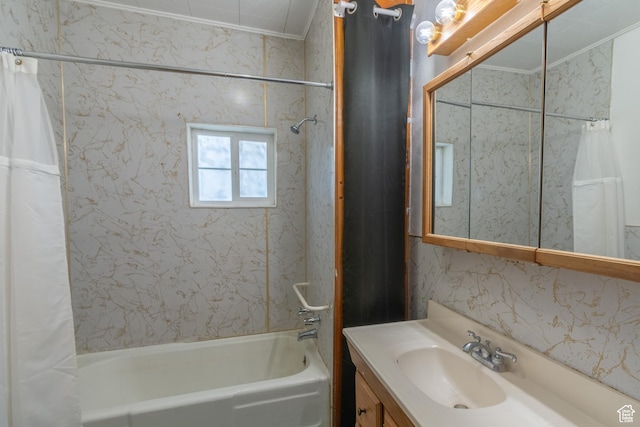 906 S Main St, Grace, ID 83241 - bathroom featuring shower / bath combination with curtain, vanity, and crown molding