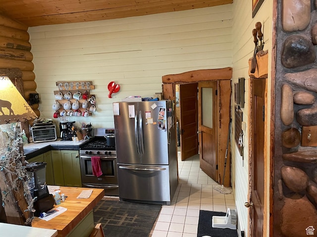 2637 N Water Canyon Ave, Huntsville, UT 84317 - kitchen with tile patterned floors, wood ceiling, green cabinetry, and appliances with stainless steel finishes