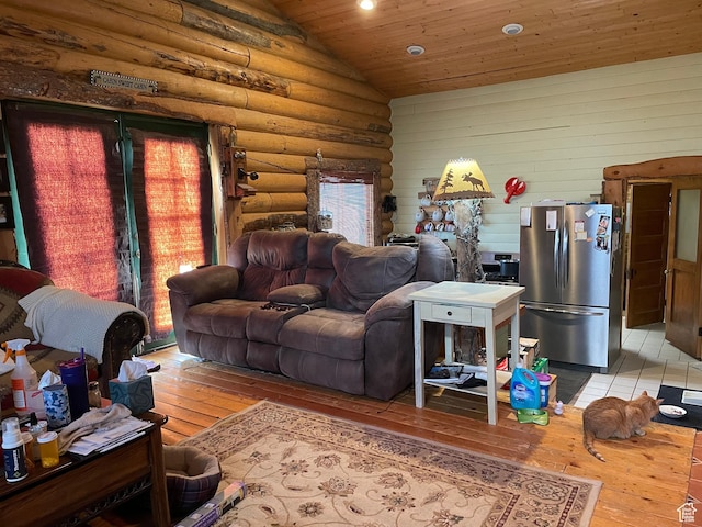 2637 N Water Canyon Ave, Huntsville, UT 84317 - living room with light wood-type flooring, lofted ceiling, and wooden ceiling