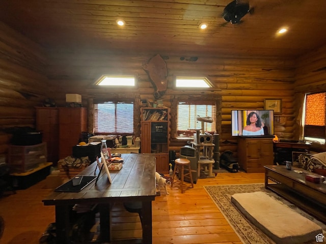 2637 N Water Canyon Ave, Huntsville, UT 84317 - dining area featuring rustic walls, wooden ceiling, hardwood / wood-style floors, and a healthy amount of sunlight