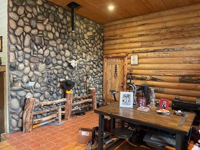 2637 N Water Canyon Ave, Huntsville, UT 84317 - dining area with log walls, dark hardwood / wood-style flooring, and wooden ceiling