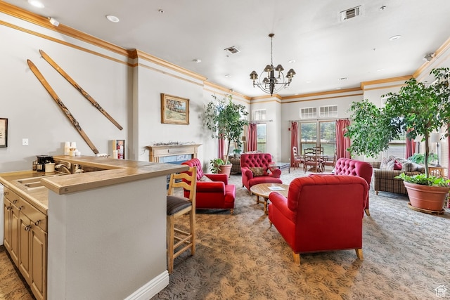 900 Bitner Rd Unit K25, Park City, UT 84098 - living room featuring dark colored carpet, a notable chandelier, ornamental molding, and sink