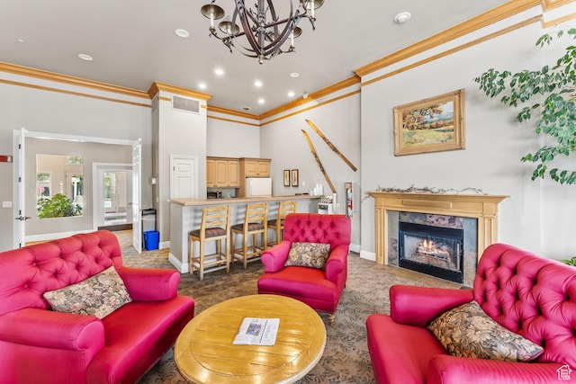 900 Bitner Rd Unit K25, Park City, UT 84098 - living room featuring carpet flooring, crown molding, a fireplace, and a chandelier