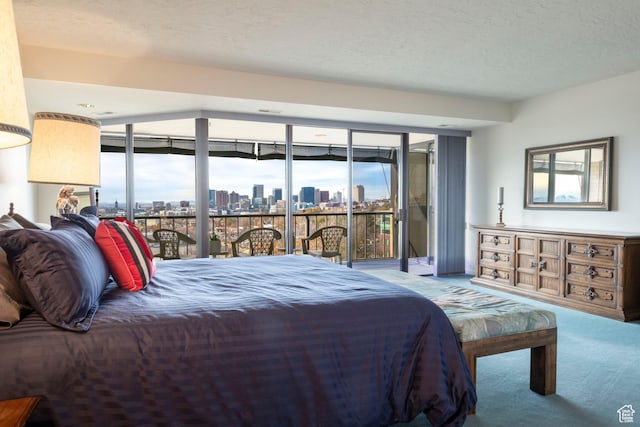 426 S 1000 E Unit 600, Salt Lake City, UT 84102 - carpeted bedroom featuring access to exterior, a view of skyline, and a textured ceiling