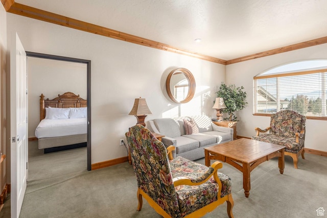 living room with a textured ceiling, crown molding, and light carpet