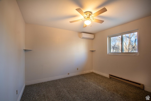 unfurnished room featuring an AC wall unit, ceiling fan, dark colored carpet, and a baseboard heating unit