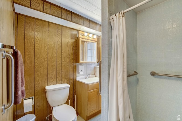 5238 S 2100 W, Roy, UT 84067 - bathroom featuring walk in shower, wood walls, vanity, and toilet