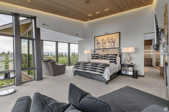 8544 N Promontory Ranch Rd, Park City, UT 84098 - carpeted bedroom with wood ceiling, recessed lighting, and a high ceiling