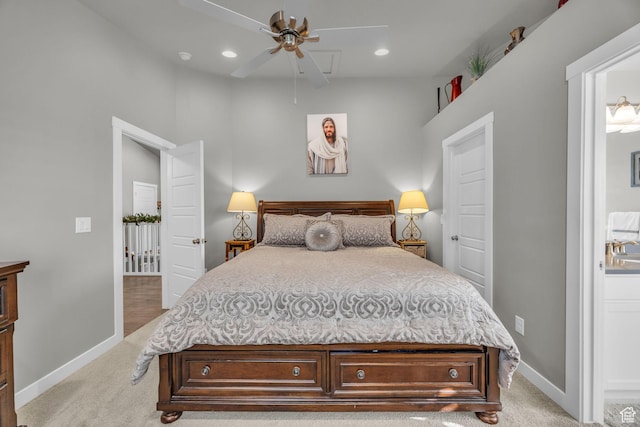 carpeted bedroom featuring ceiling fan